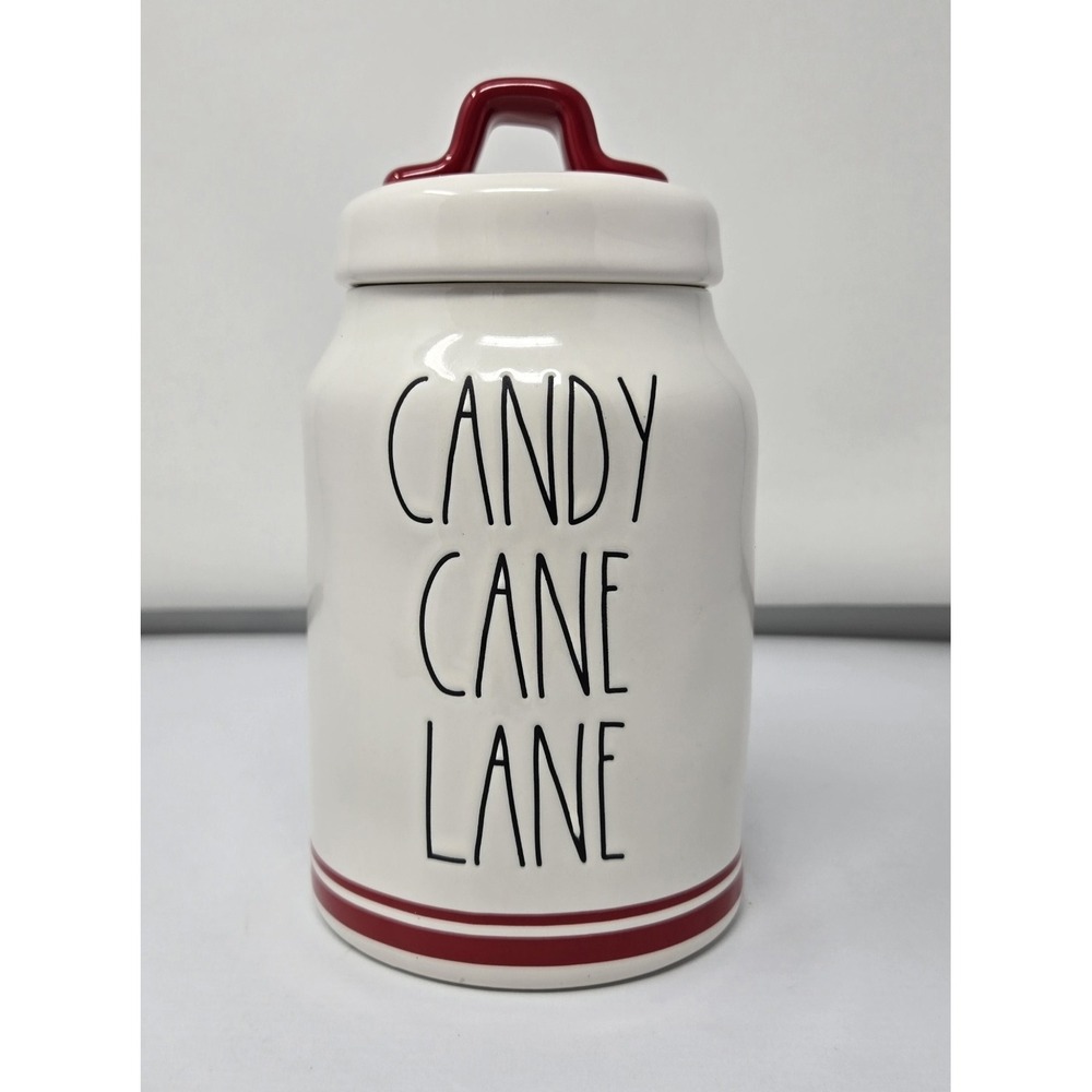 Rae Dunn Canister CANDY CANE LANE White Red Accents‎ 8.25  Tall Skinny Christmas